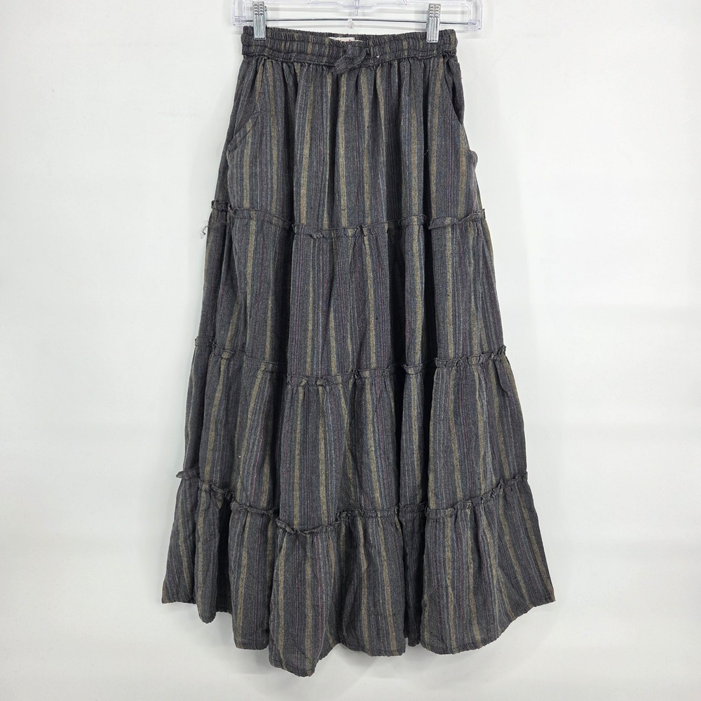 Lakhays Tiered Maxi Skirt S/M Gray Boho Art-Inspired Striped Cotton Nepal Pocket